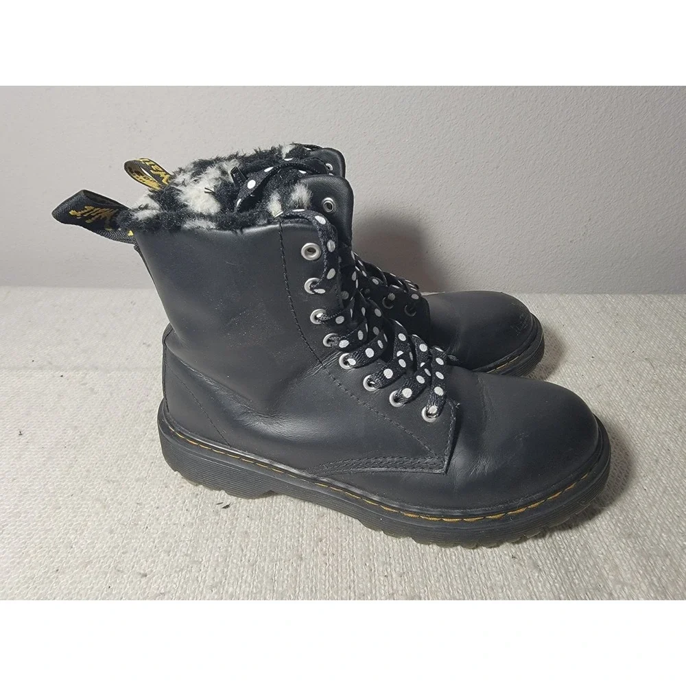 Dr Martens 1460 Serena J Boots Youth 4 Womens 5 Black Leather Fur Lined Side...